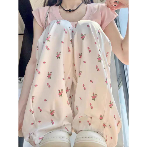 Official picture of white floral overalls for women 2024 spring and summer high-waisted wide-leg straight casual casual quick-drying sports trousers