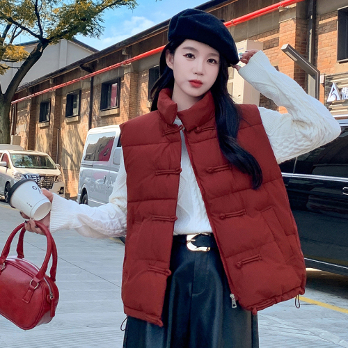 Actual shot of autumn and winter new Korean style loose and versatile down cotton stand-up collar solid color waistcoat outer short jacket