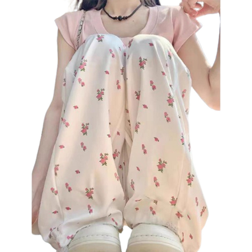 Official picture of white floral overalls for women 2024 spring and summer high-waisted wide-leg straight casual casual quick-drying sports trousers