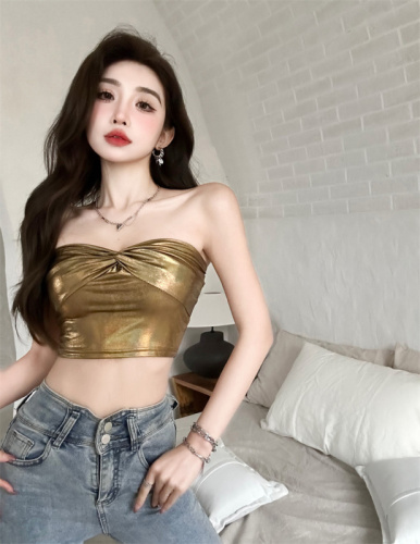 Actual shot ~ Summer new hot girl golden nightclub DJ solid color sexy navel exposed slim fit bra top for women new