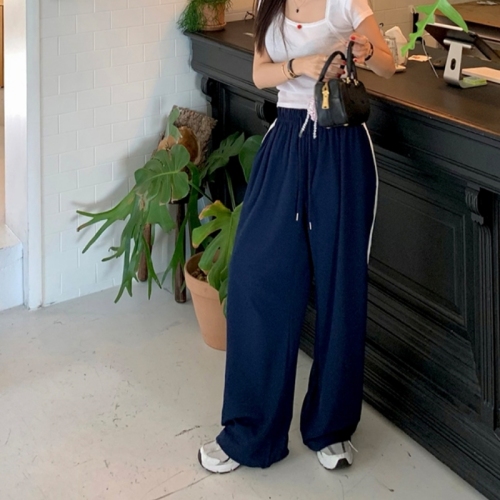 Striped casual elastic drawstring loose wide-leg pants