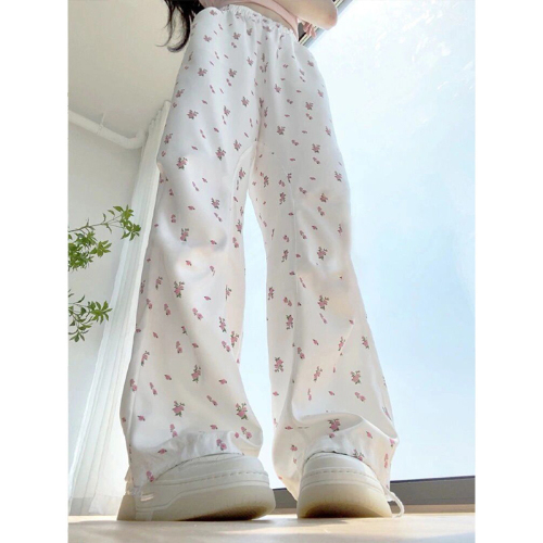 Official picture of white floral overalls for women 2024 spring and summer high-waisted wide-leg straight casual casual quick-drying sports trousers