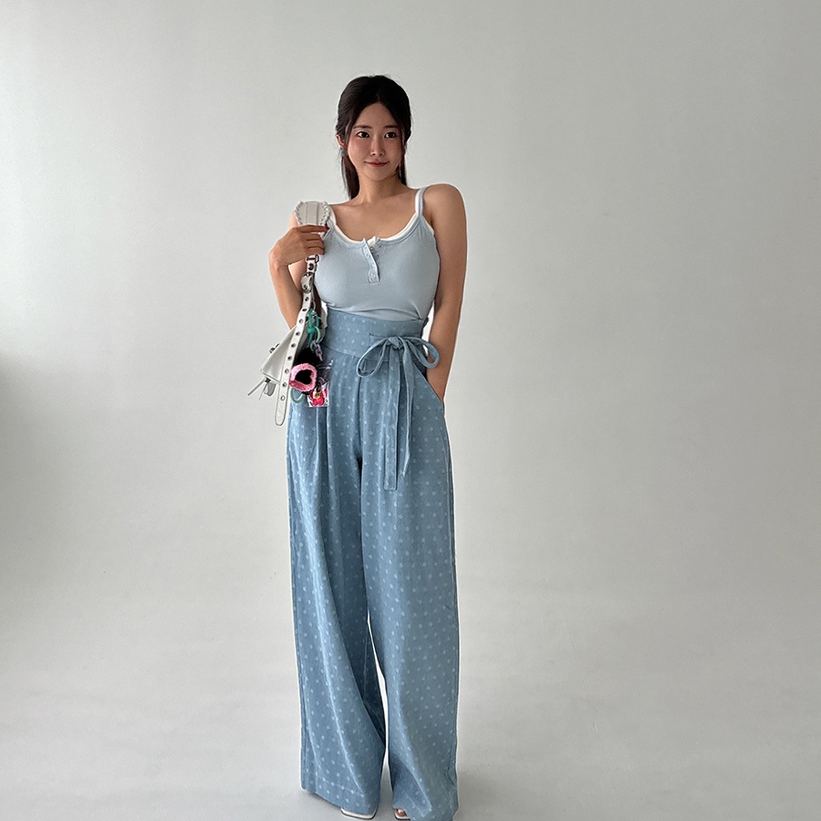 Polka dot print lace-up high-waisted loose casual pants