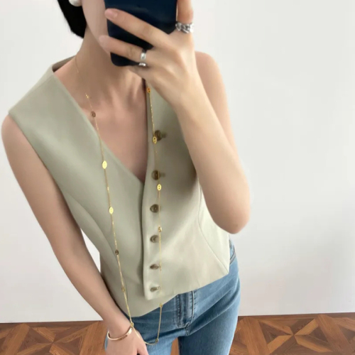 Quality Inspection Officer Picture Spring and Summer Fashionable and Versatile Textured V-neck Sleeveless Inner and Outer Suit Vest Short Top for Women