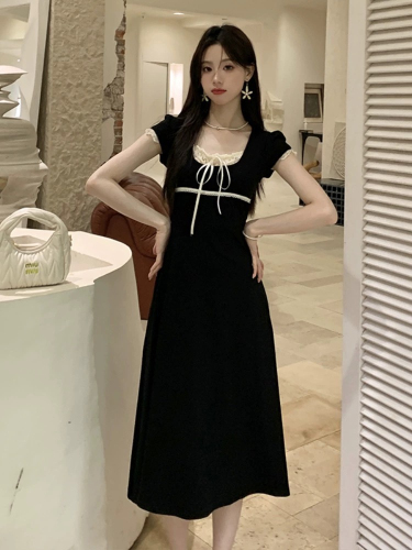 Ballet style lace splicing lace-up dress, summer sweet girl, versatile, slimming, stretchy A-line long skirt