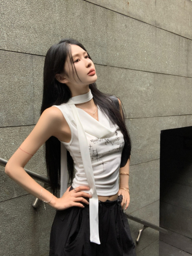 Letter Print Swing Collar Sleeveless Vest T-Shirt Women's Summer Hot Girl Gray Design Short Style