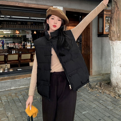 Actual shot of autumn and winter new Korean style loose and versatile down cotton stand-up collar solid color waistcoat outer short jacket