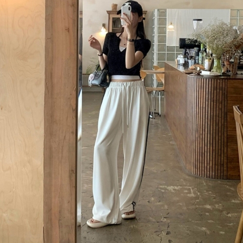 Striped casual elastic drawstring loose wide-leg pants