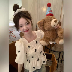 Princess Short Sleeve Blouse with Square Collar, Lightweight New Design Bell Sleeve, Slimming Casual French Style Short Sleeve Top