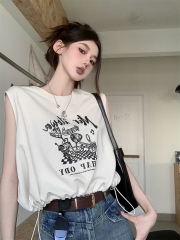American Retro Hot Girl Shoulder Sleeveless T-Shirt Women's Summer Small Loose Slim Short Drawstring Vest Top