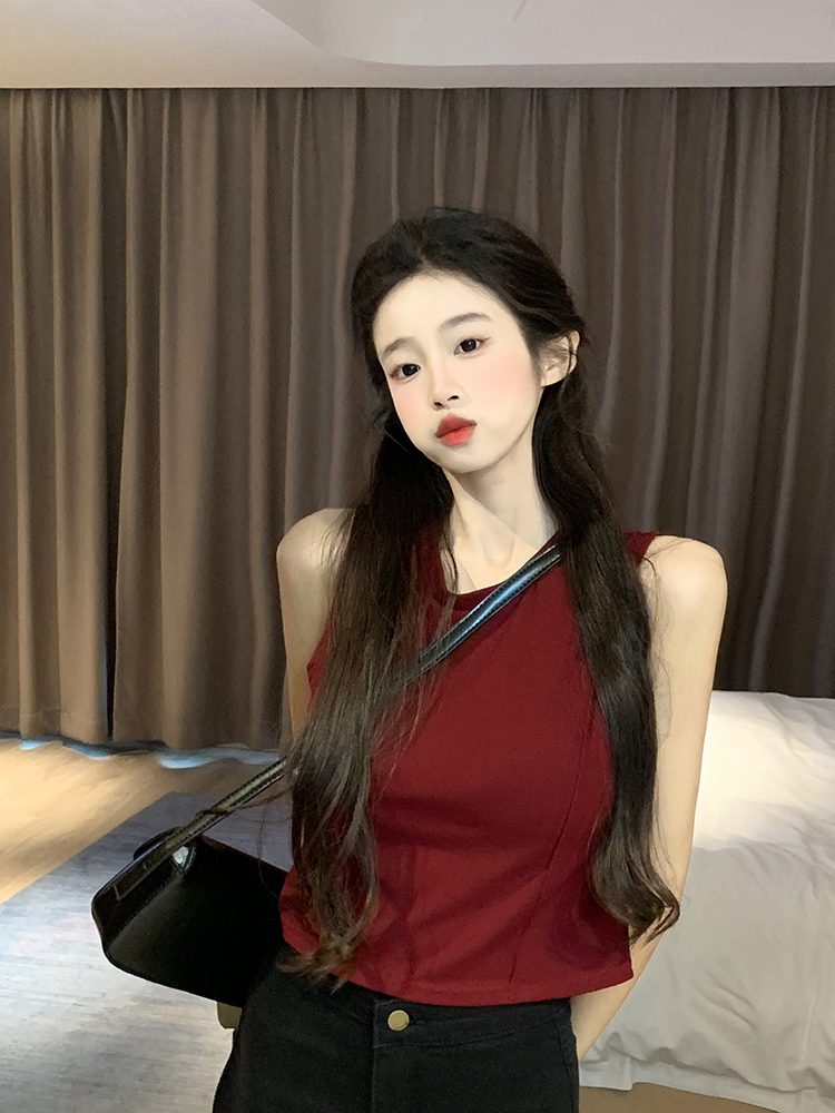 Actual shot ~ pure lust style slimming sleeveless vest for women summer round neck short top hot girl