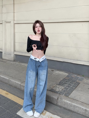 Real shot!  Women's new trendy straight-leg jeans with valgus waistband design, loose slimming wide-leg pants