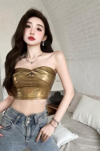 Actual shot ~ Summer new hot girl golden nightclub DJ solid color sexy navel exposed slim fit bra top for women new