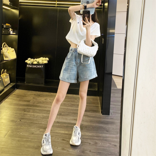 Actual shot~Moonlight Apricot High Waist Denim Shorts Women's 2024 Spring and Summer New Style Design Pants Elastic Waist A-Line Pants