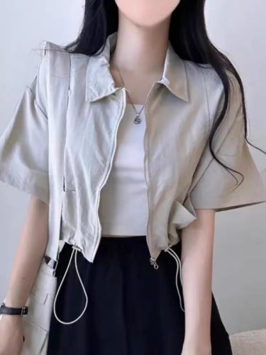 Korean chic summer age-reducing retro temperament lapel short coat high-waist drawstring short workwear short-sleeved top for women