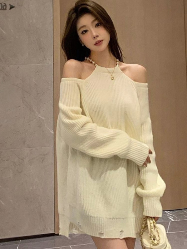 Pullover off-shoulder sweater women's lazy design mid-length knitted dress soft and waxy top