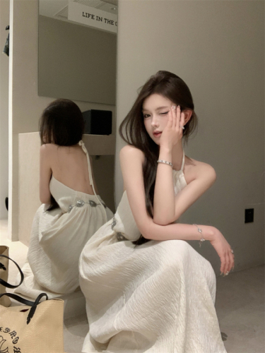 Real shot of seaside design backless halterneck long dress