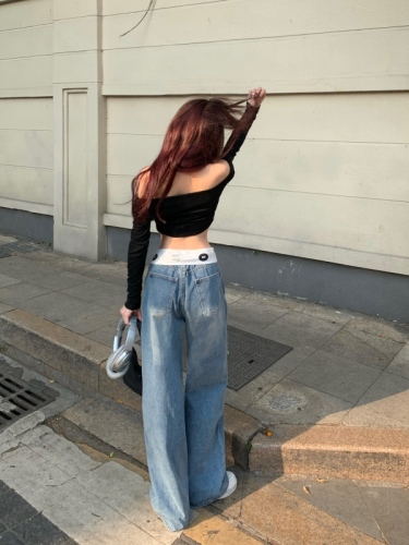 Real shot!  Women's new trendy straight-leg jeans with valgus waistband design, loose slimming wide-leg pants