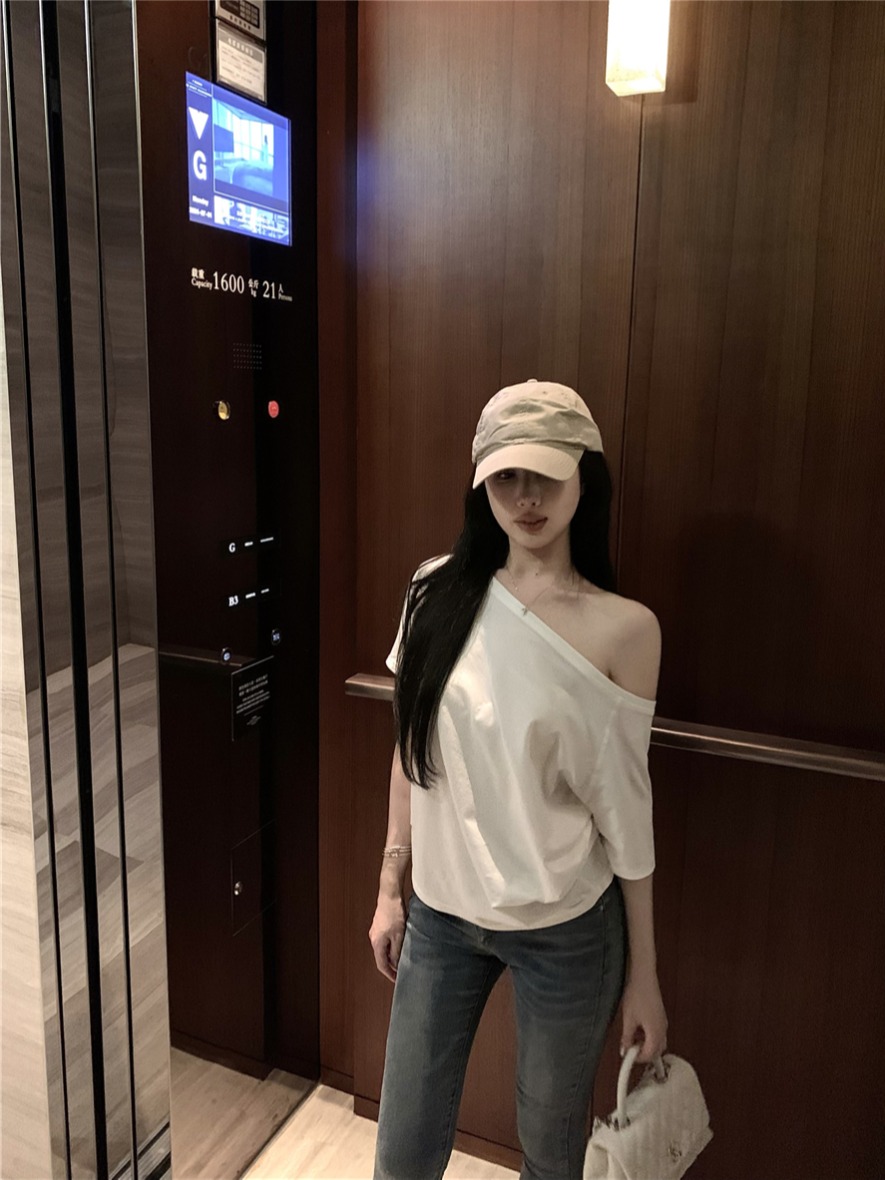實拍 斜肩一字肩兩穿T夏季輕薄透氣慵懶寬鬆上衣女短袖t恤棉