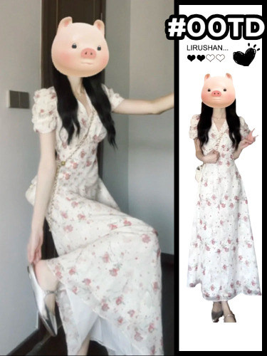 Tea Break French Puff Sleeve Floral Dress for Small Women, Tender, Sweet and Slim Waist Long Dress