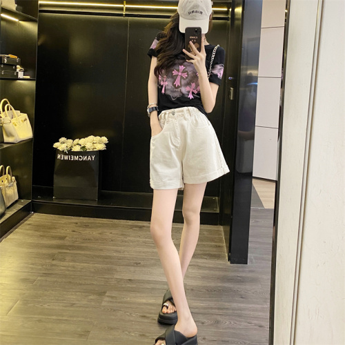 Actual shot~Moonlight Apricot High Waist Denim Shorts Women's 2024 Spring and Summer New Style Design Pants Elastic Waist A-Line Pants