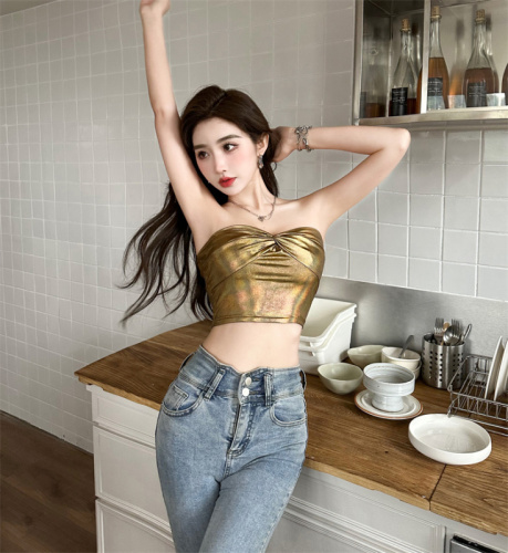 Actual shot ~ Summer new hot girl golden nightclub DJ solid color sexy navel exposed slim fit bra top for women new