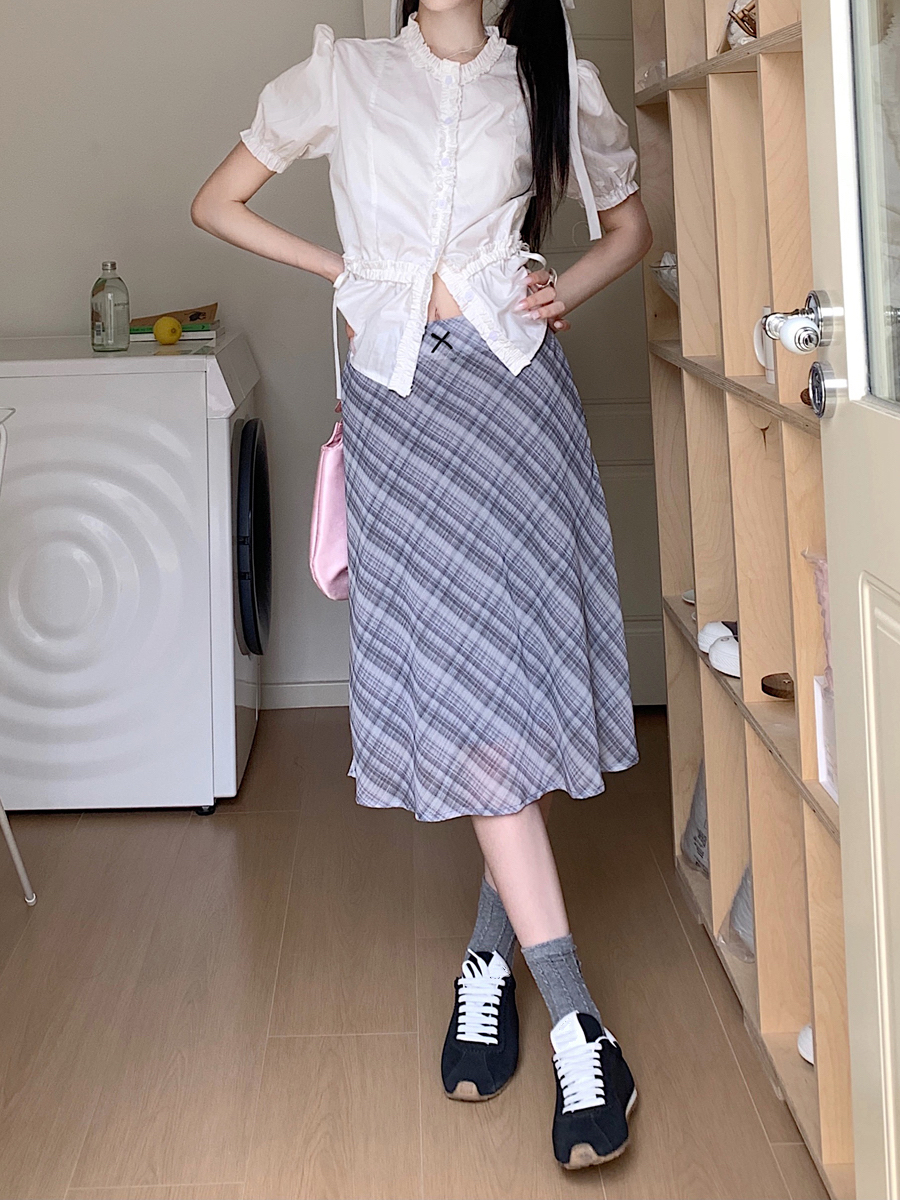 Real shot of sweet bow-knot plaid stitching high-waisted mid-length elegant chiffon skirt for women 2024