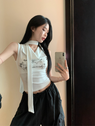 Letter Print Swing Collar Sleeveless Vest T-Shirt Women's Summer Hot Girl Gray Design Short Style