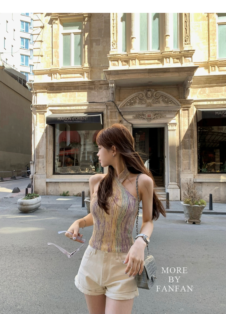 Good Morning Fanfan Section Dyeing Gradient Oblique Shoulder/Crossover Halter Vest Women's Summer Design Niche Slim Top