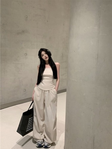 Real shot!  American hot girl suit suspender top straight wide leg pants trousers casual two-piece set