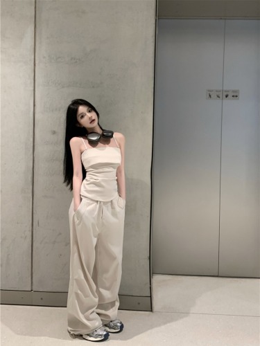 Real shot!  American hot girl suit suspender top straight wide leg pants trousers casual two-piece set