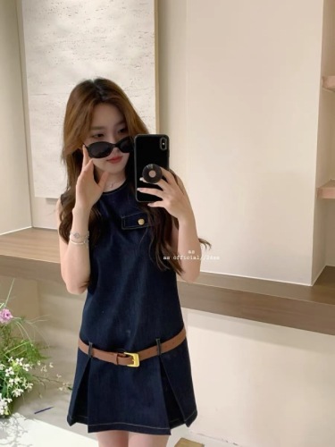 AS OFFICIAL French retro denim vest dress women's summer design temperament sleeveless a-line short skirt