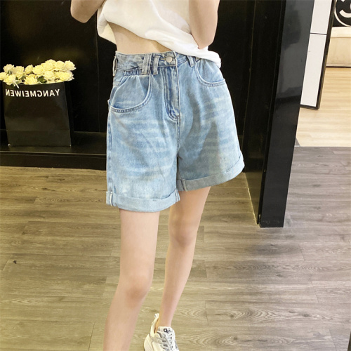 Actual shot~Moonlight Apricot High Waist Denim Shorts Women's 2024 Spring and Summer New Style Design Pants Elastic Waist A-Line Pants