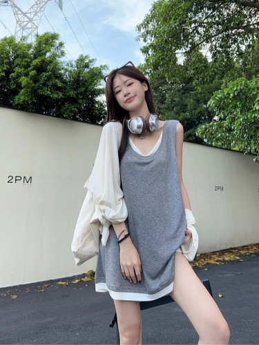 Real shot~ Fake two-piece spliced ​​design sleeveless vest for women, casual, fashionable, loose and slim top