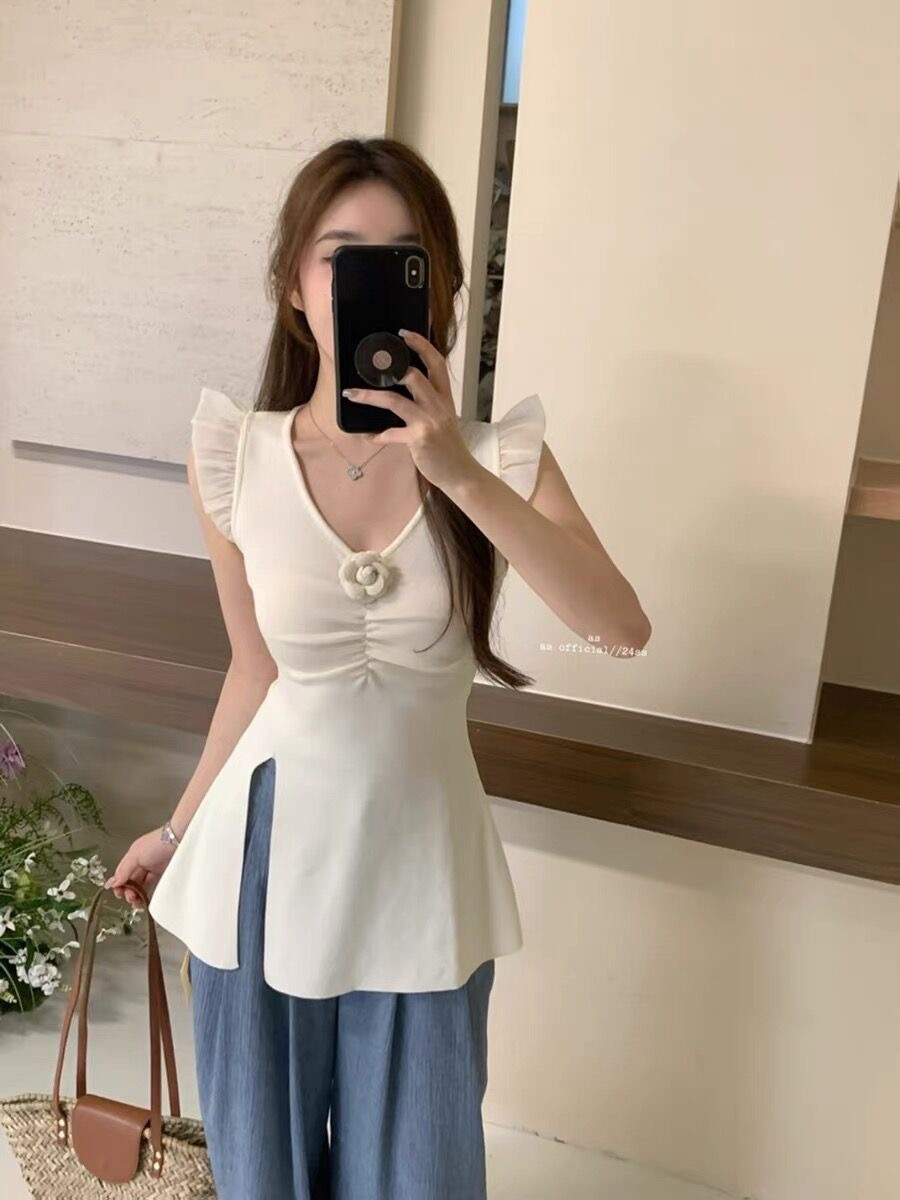 Three-dimensional flower v-neck small flying sleeves vest for women summer design waist slimming slit top to wear outside