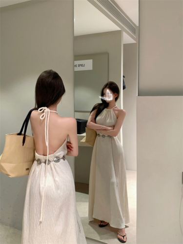 Real shot of seaside design backless halterneck long dress