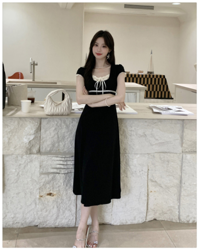 Ballet style lace splicing lace-up dress, summer sweet girl, versatile, slimming, stretchy A-line long skirt