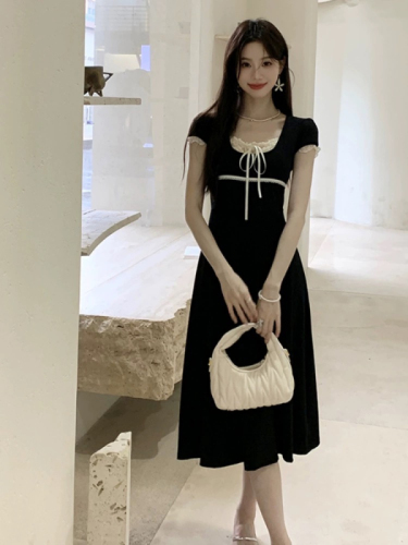 Ballet style lace splicing lace-up dress, summer sweet girl, versatile, slimming, stretchy A-line long skirt