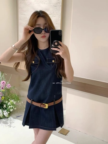 AS OFFICIAL French retro denim vest dress women's summer design temperament sleeveless a-line short skirt