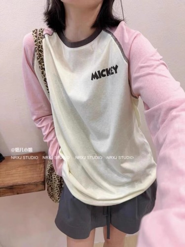 Round neck sun protection clothing for women summer thin loose cartoon Mickey print long-sleeved T-shirt raglan color block blouse top