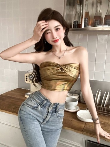 Actual shot ~ Summer new hot girl golden nightclub DJ solid color sexy navel exposed slim fit bra top for women new