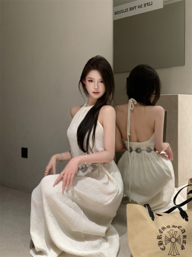 Real shot of seaside design backless halterneck long dress