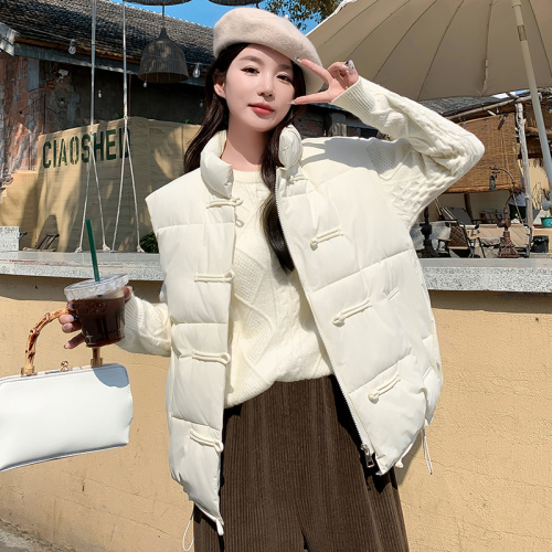 Actual shot of autumn and winter new Korean style loose and versatile down cotton stand-up collar solid color waistcoat outer short jacket