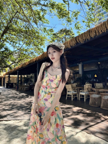 Gentle French floral suspender skirt for women 2024 new summer temperament long high-waisted slim dress a-line skirt