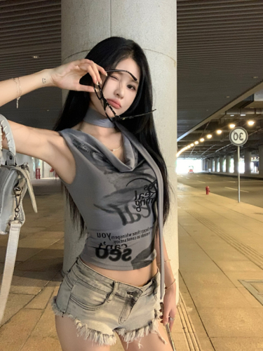 Letter Print Swing Collar Sleeveless Vest T-Shirt Women's Summer Hot Girl Gray Design Short Style