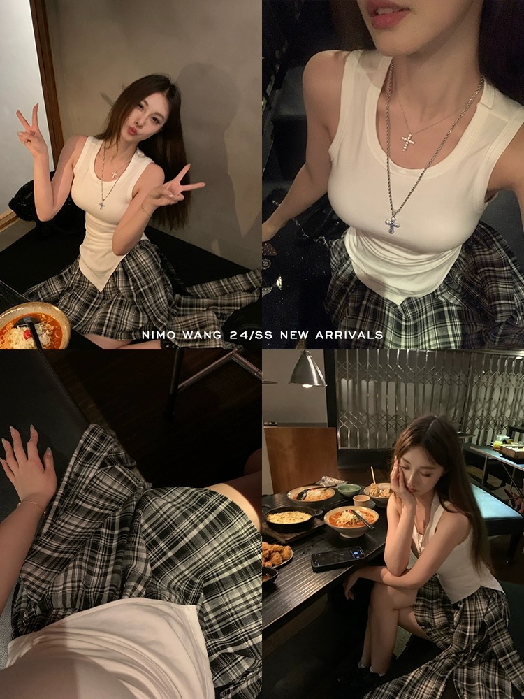 NIMO WANG Weird Girl Irregular Sleeveless Vest Top Irregular Plaid Skirt Women's Summer