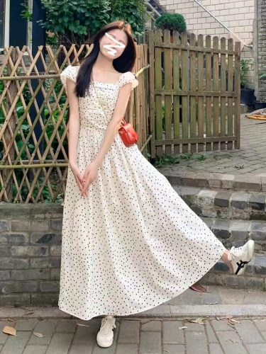 Tea break French style small flying sleeves polka dot dress for women summer 2024 new niche design waist long skirt