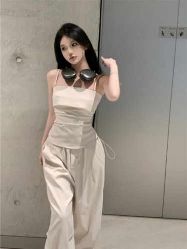 Real shot!  American hot girl suit suspender top straight wide leg pants trousers casual two-piece set