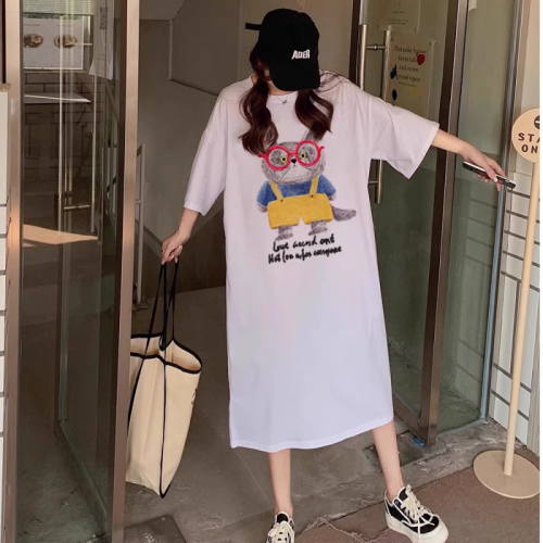 Imitation cotton milk silk# New cartoon fun T-shirt dress loose slit mid-length skirt