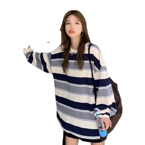 Polyester fish scale Korean style loose striped long-sleeved T-shirt for women ins internet celebrity students versatile thin tops